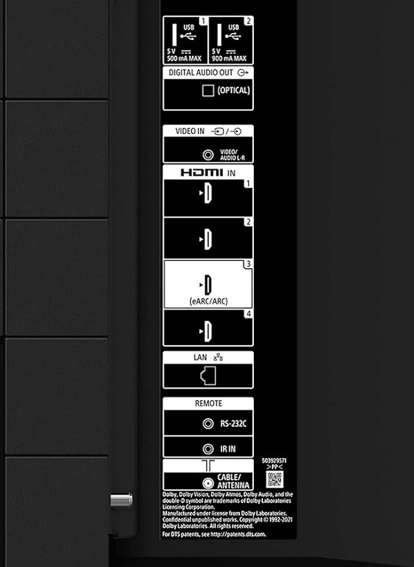 SONY X80K Series Smart TV inputs